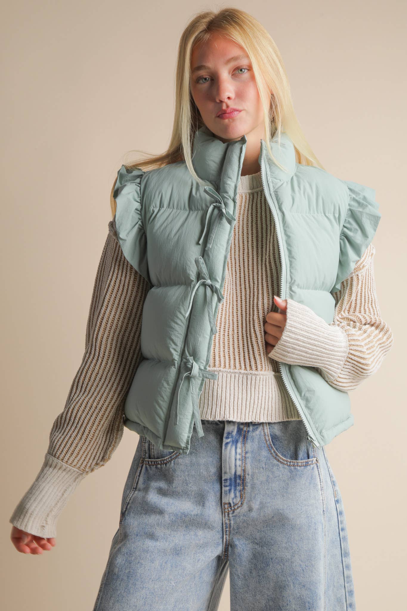 Sage Front Bow Puffer Vest