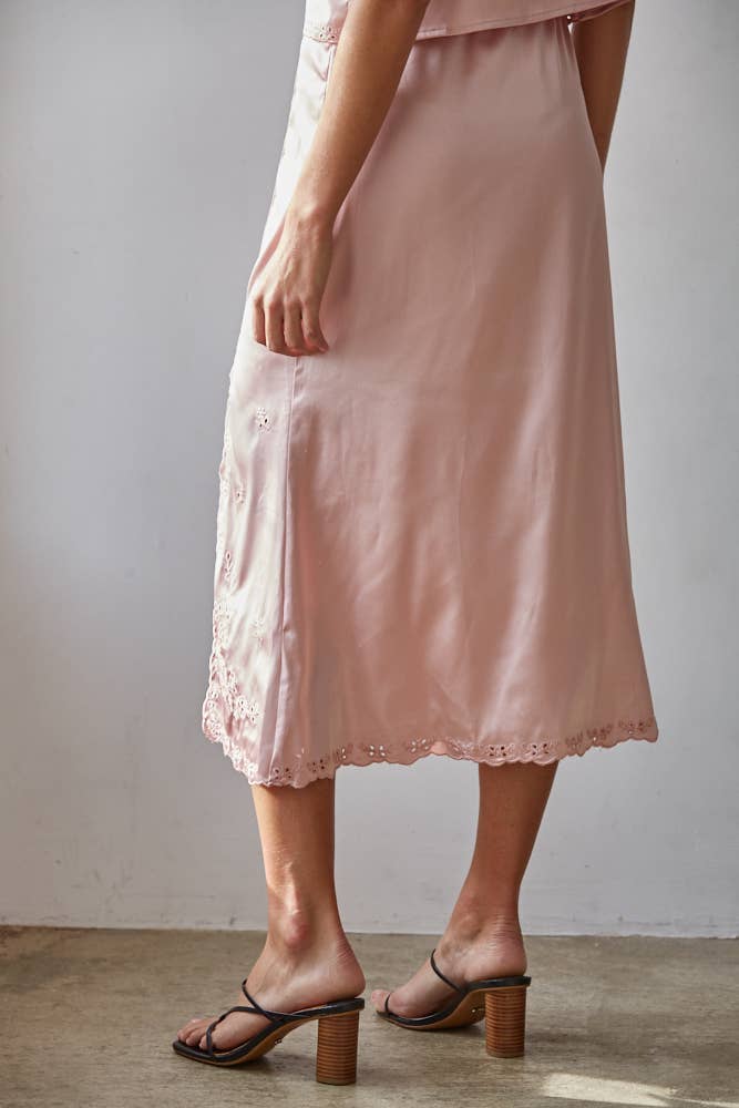 Pink Satin Embroidered Midi Skirt
