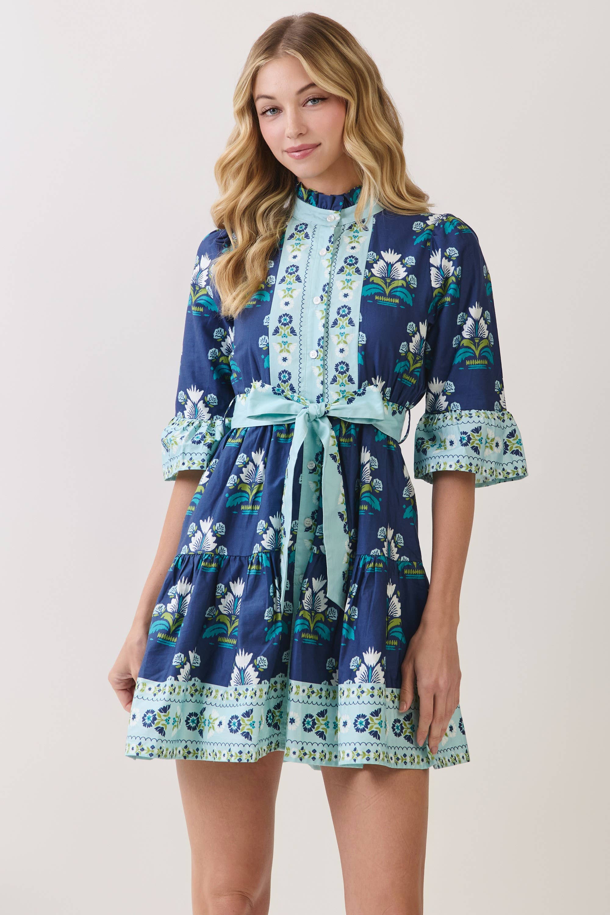 Floral Print Tiered Mini Dress with Waist Tie