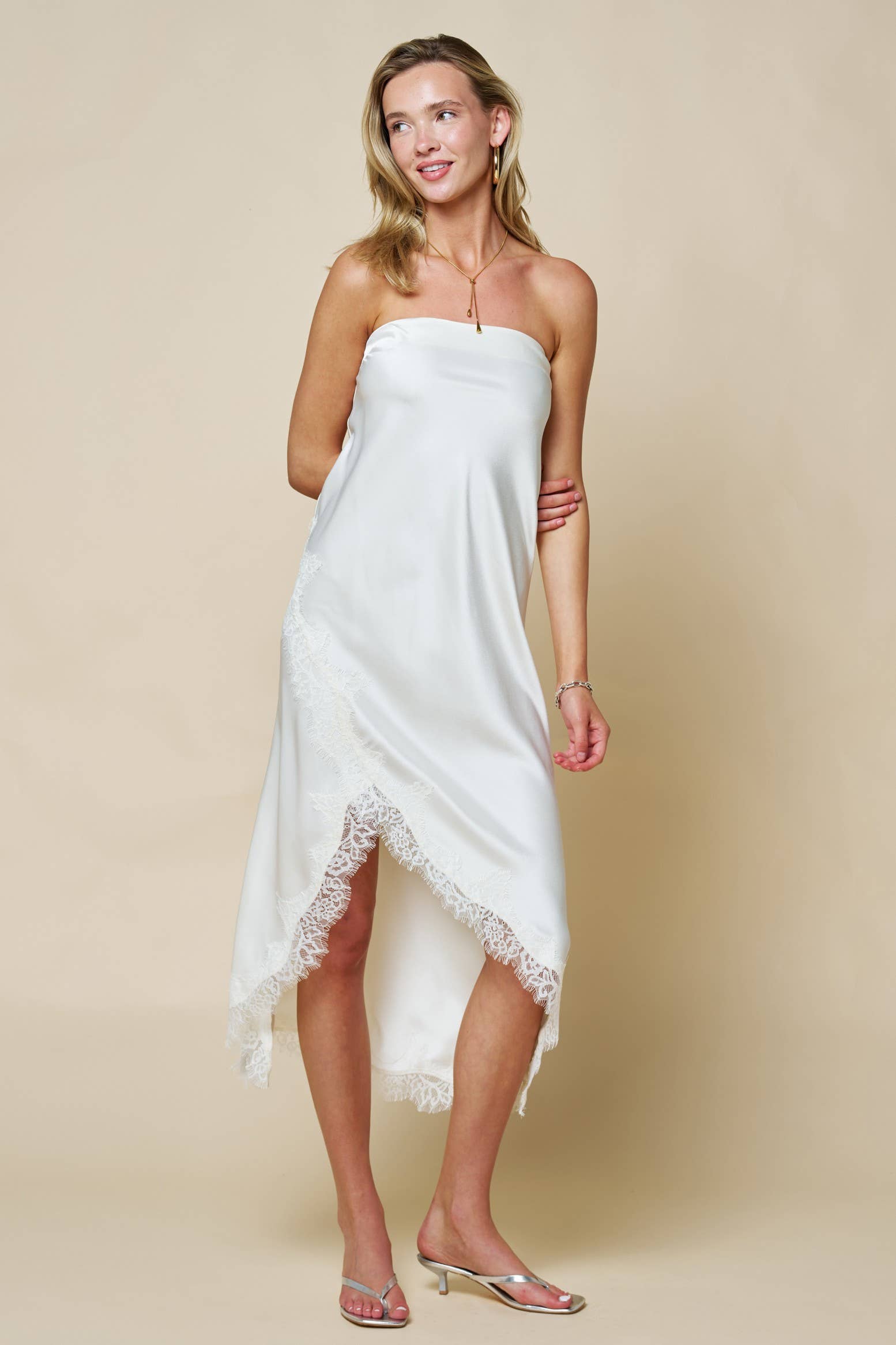 Cream Strapless Satin Midi Dress