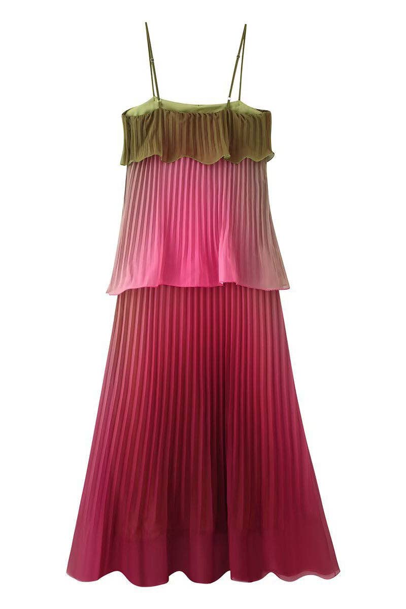 Red Ombre Pleated Tiered Maxi Dress