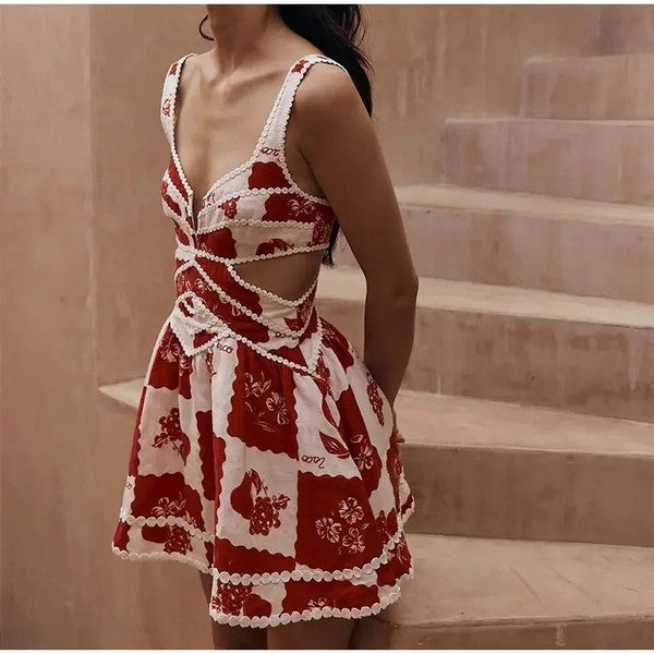 Red/White Hollow Backless Printed Dress