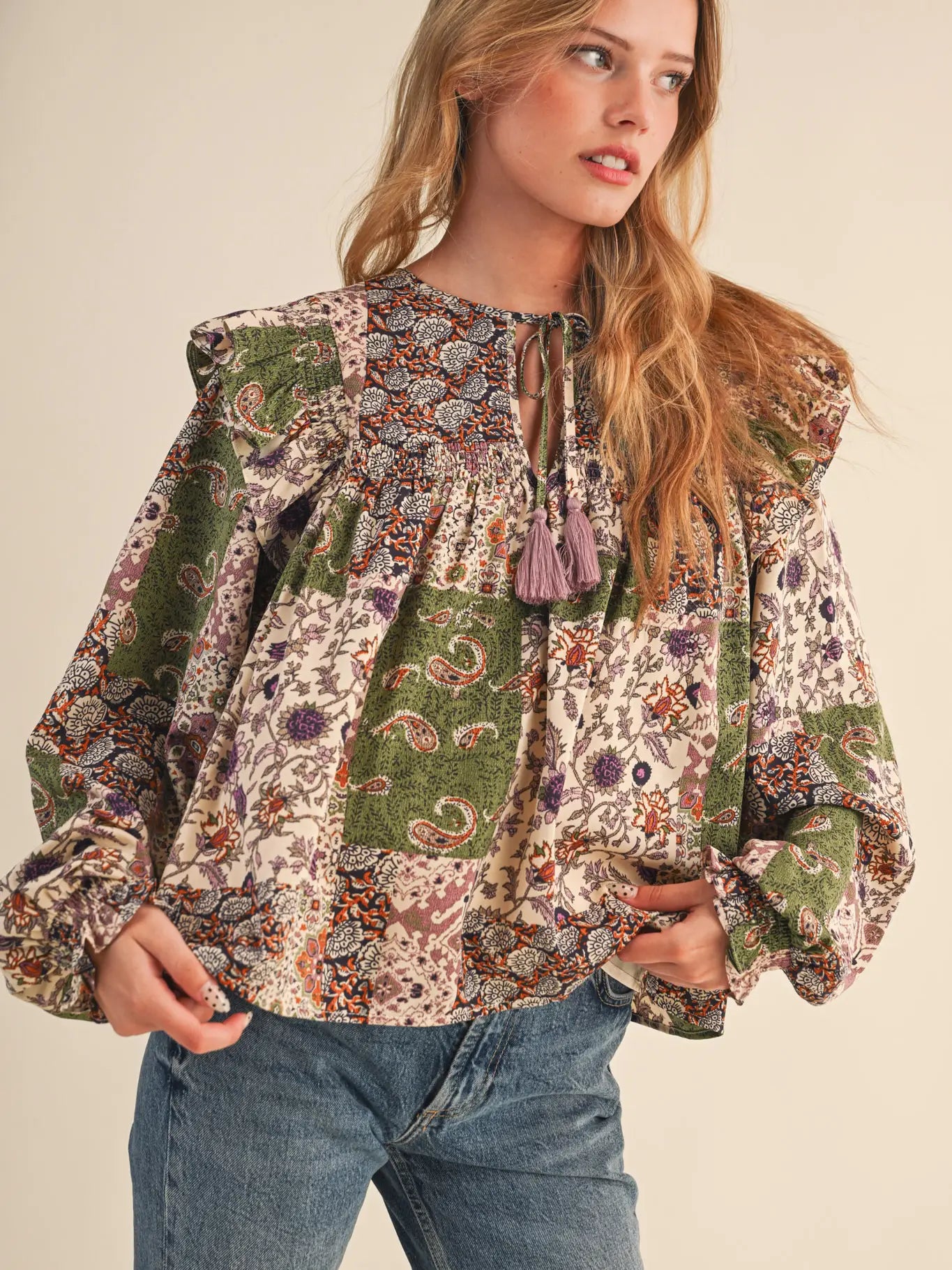 Lavender Patchwork Print Smocked Ruffle Blouse