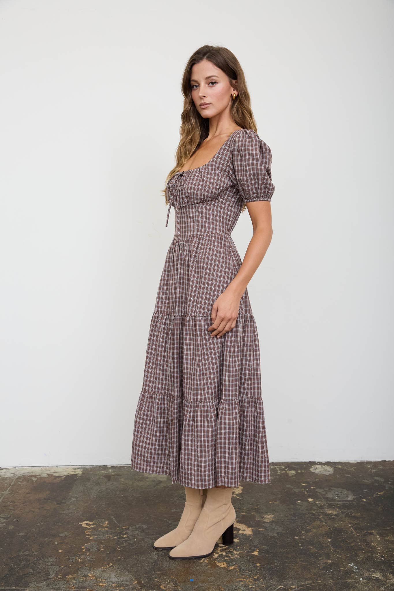 Brown Plaid Tiered Midi Dress showing tie detail at the bust