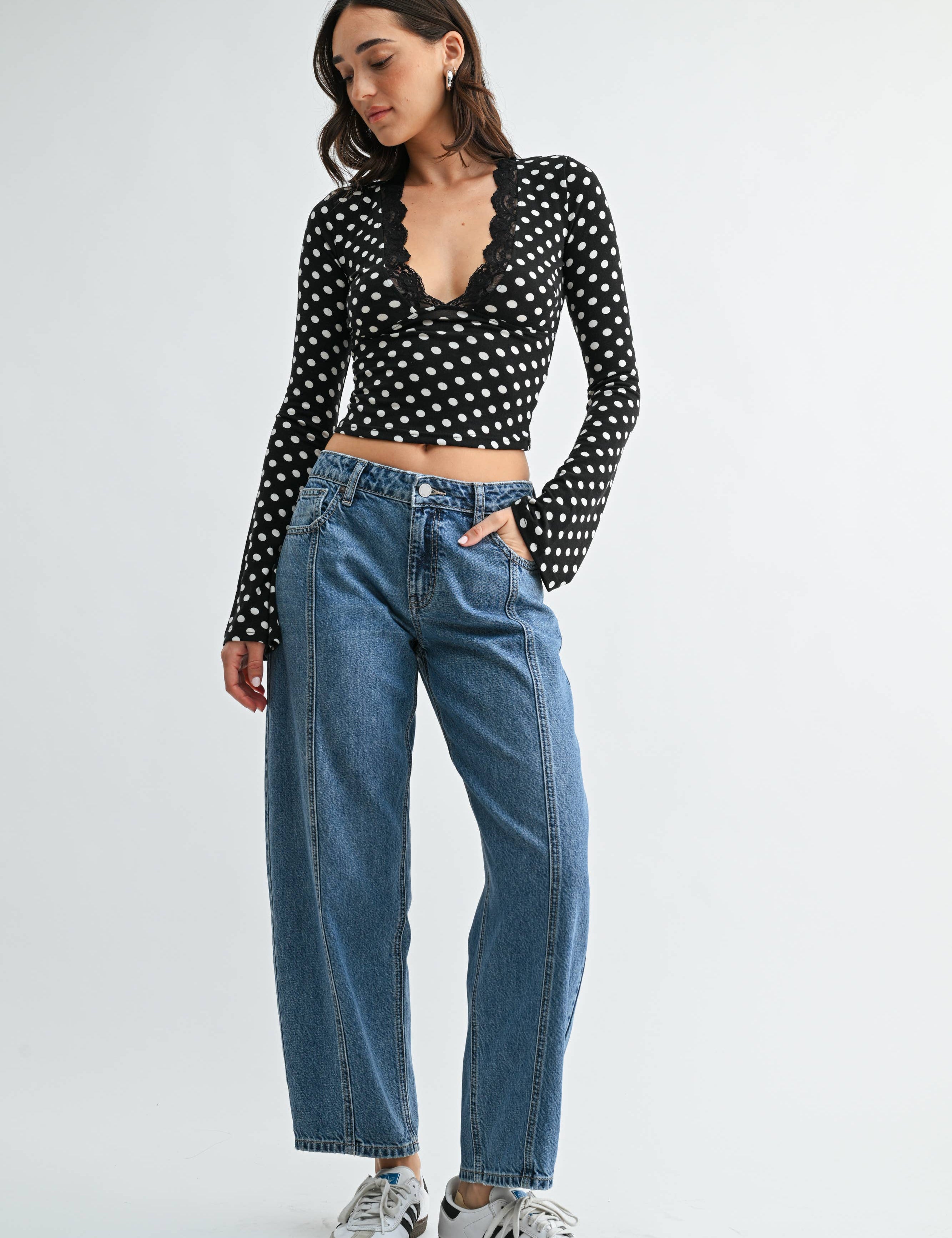 Seamed Mid Rise Barrel Jean showing mid rise