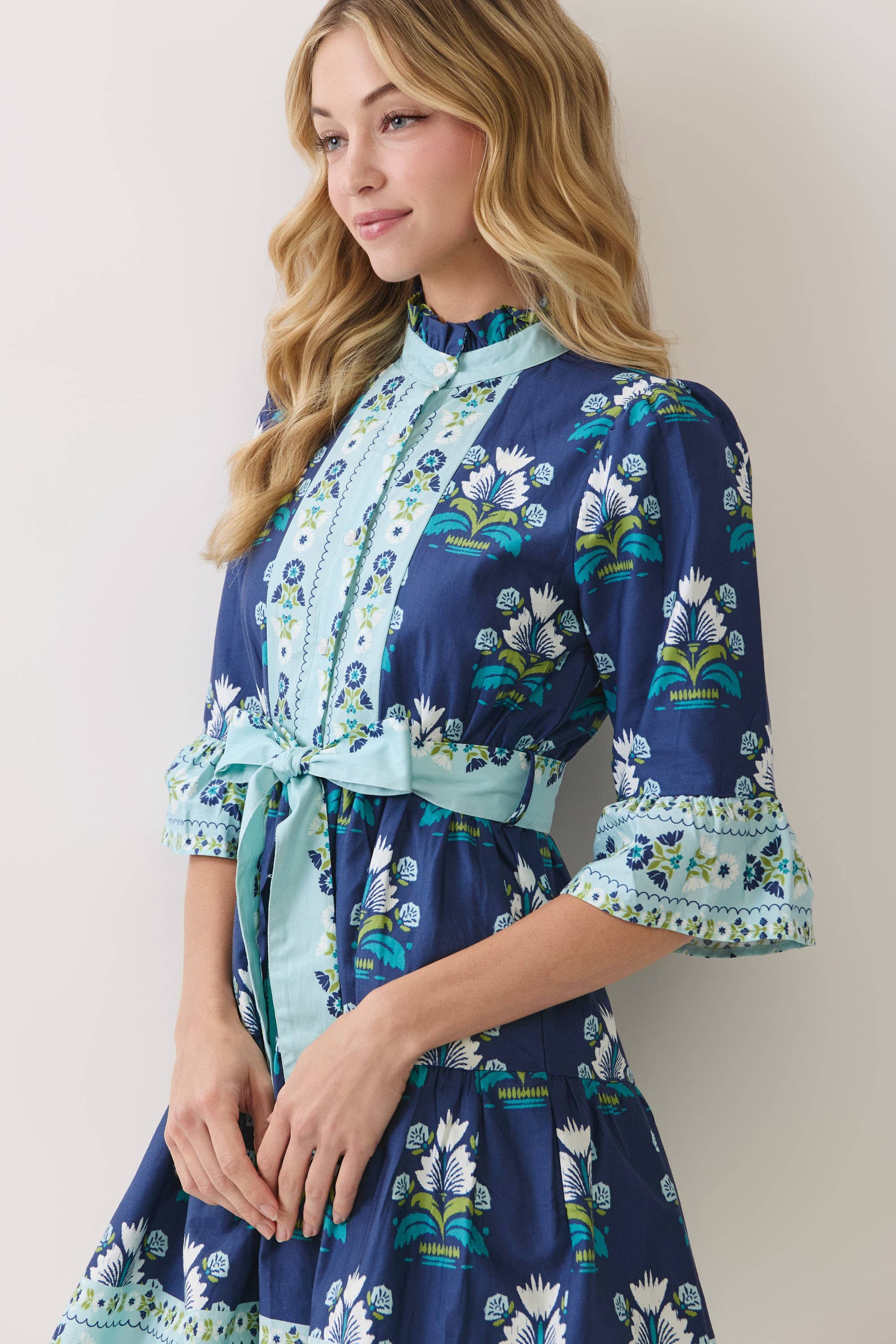 Floral Print Tiered Mini Dress with Waist Tie