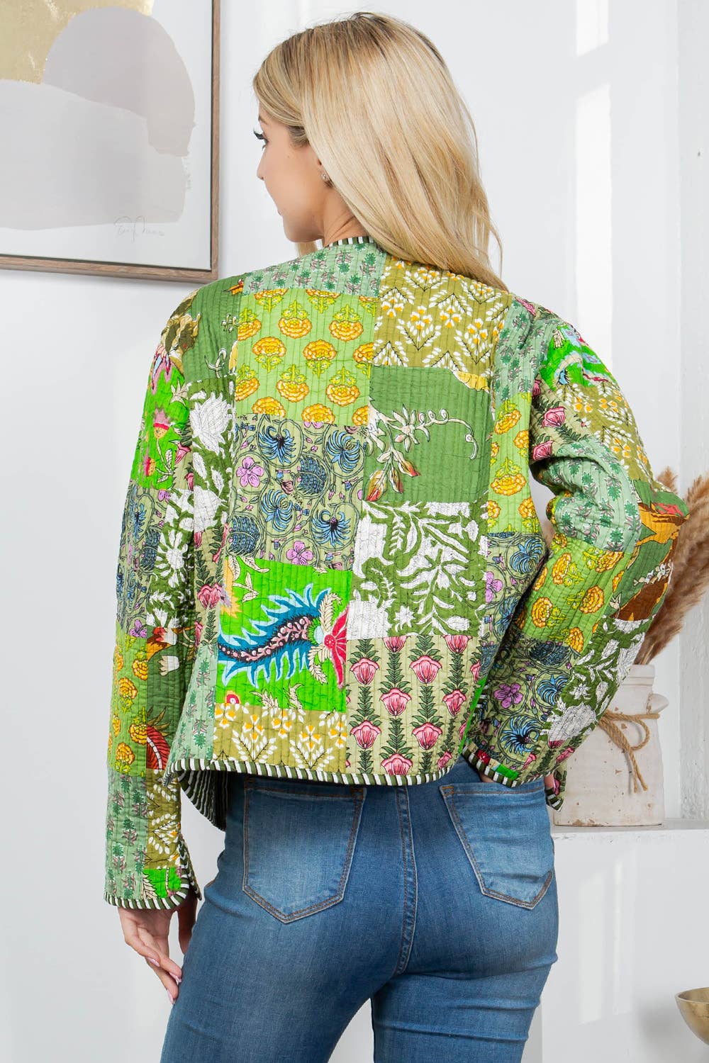 Green Floral Quilted Patch Reversible Jacket