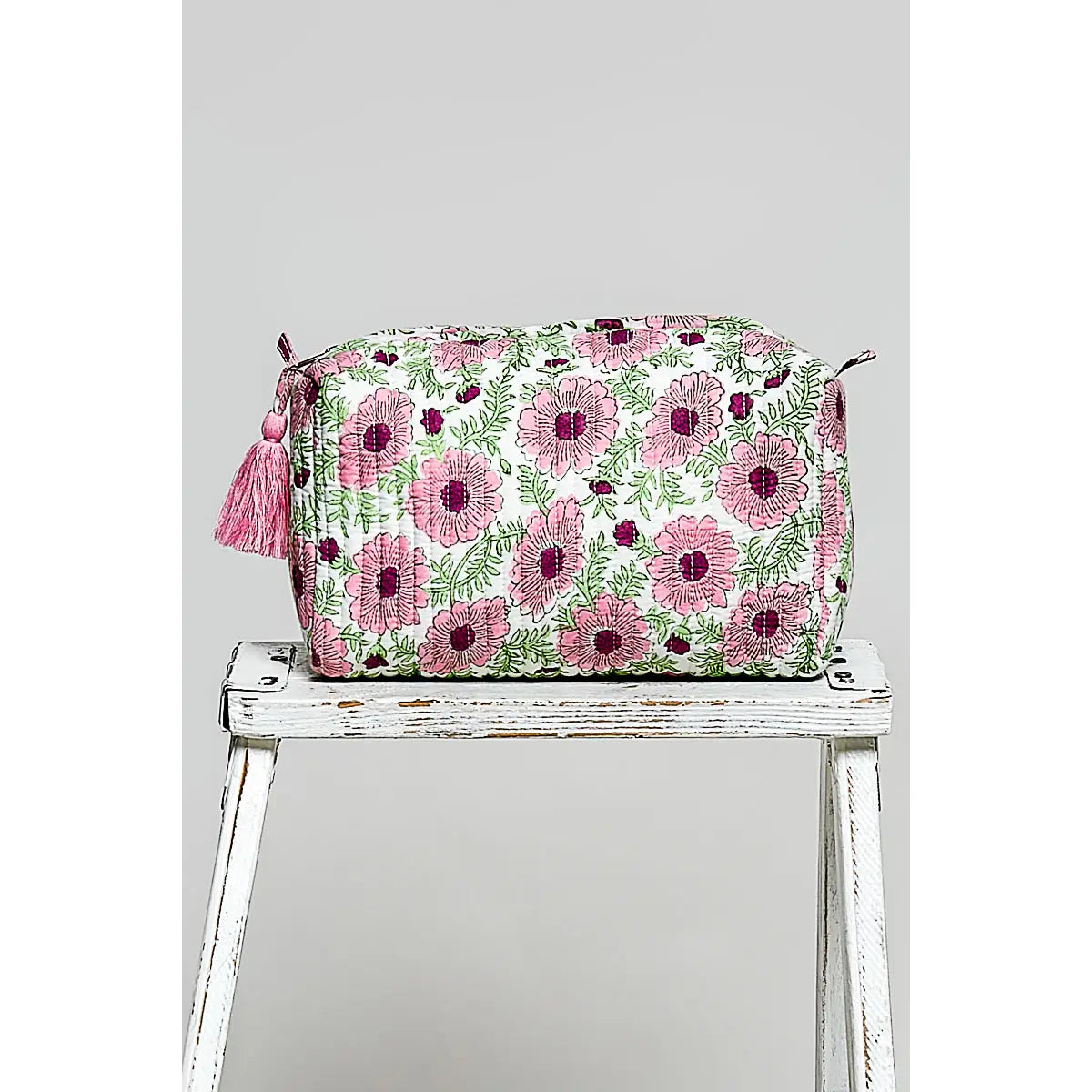 Pink Floral Quilted Cosmetic Pouch — height: 9" and length: 9-1/2"