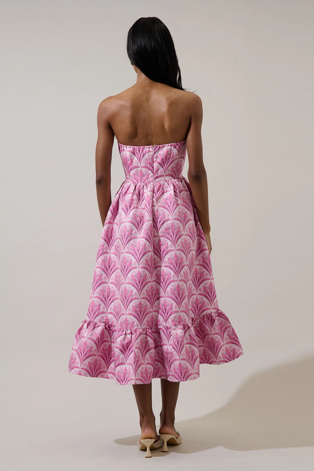 Pink Aurra Jacquard Strapless Midi Dress