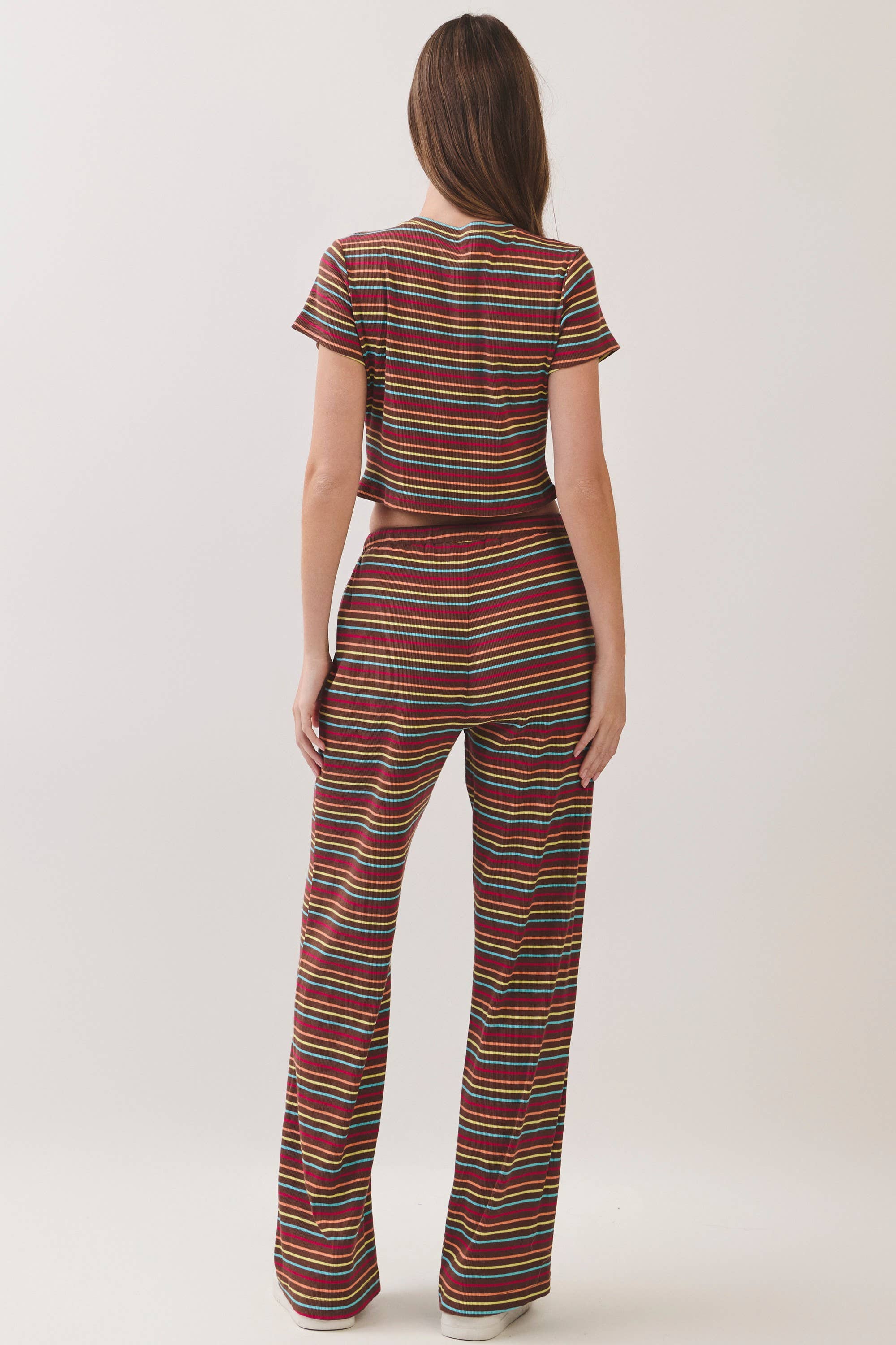 Brown Stripe Top & Pants Set showing round neckline