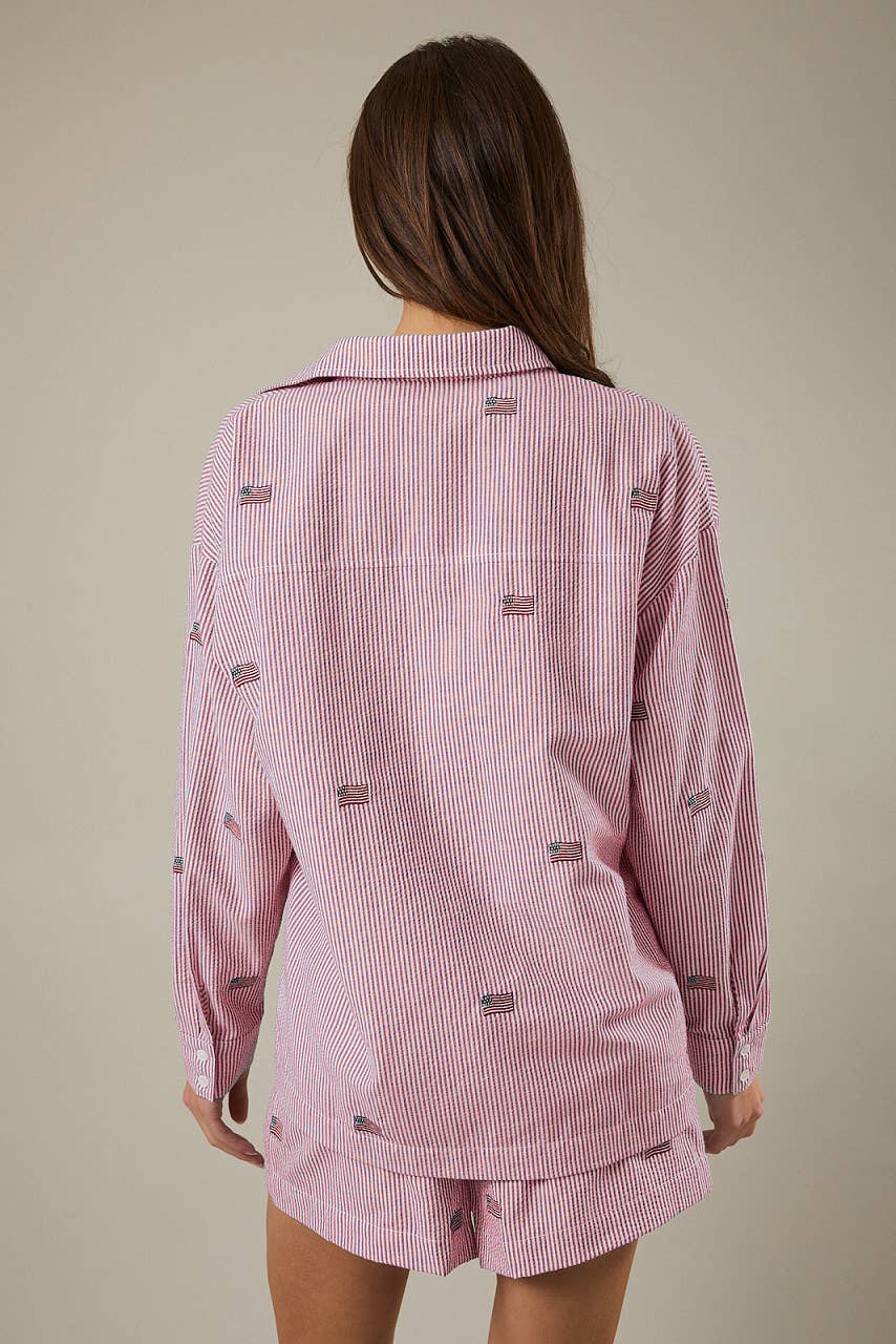 Red & White Stripe Flag Button Down Top