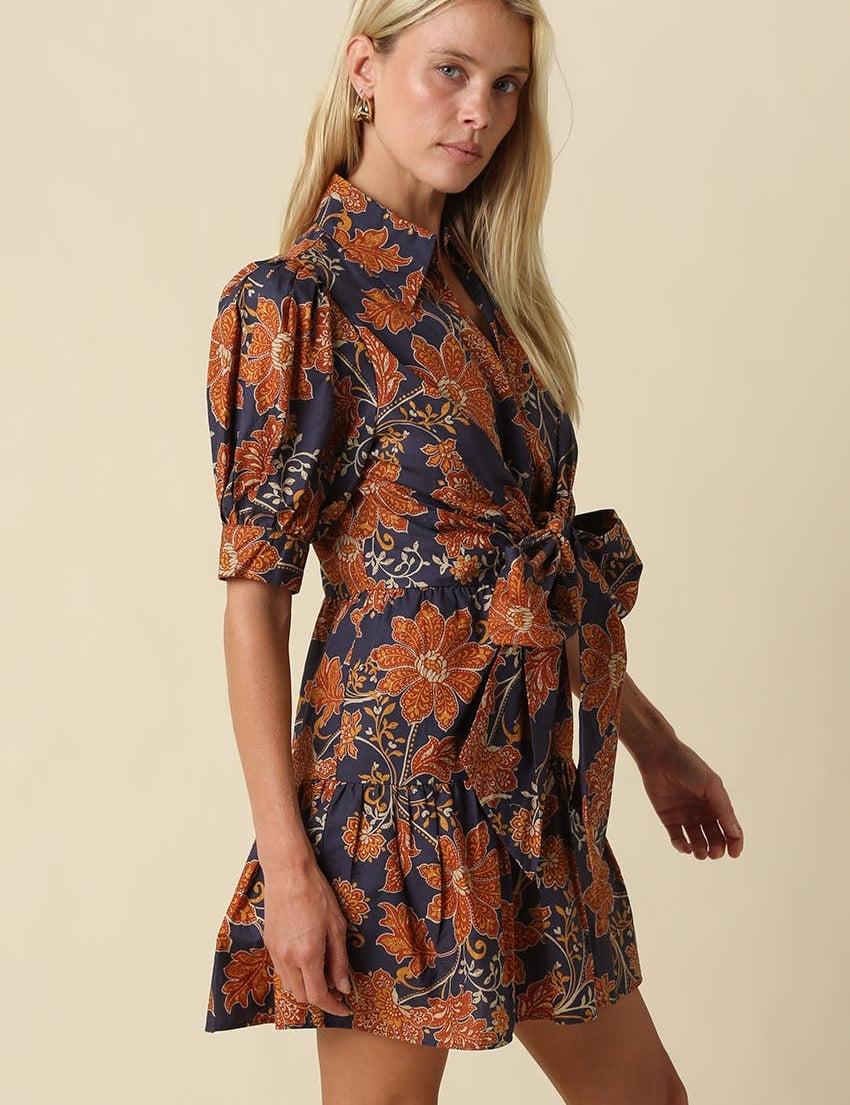Navy & Orange Tie Front Floral Mini Dress showing front tie