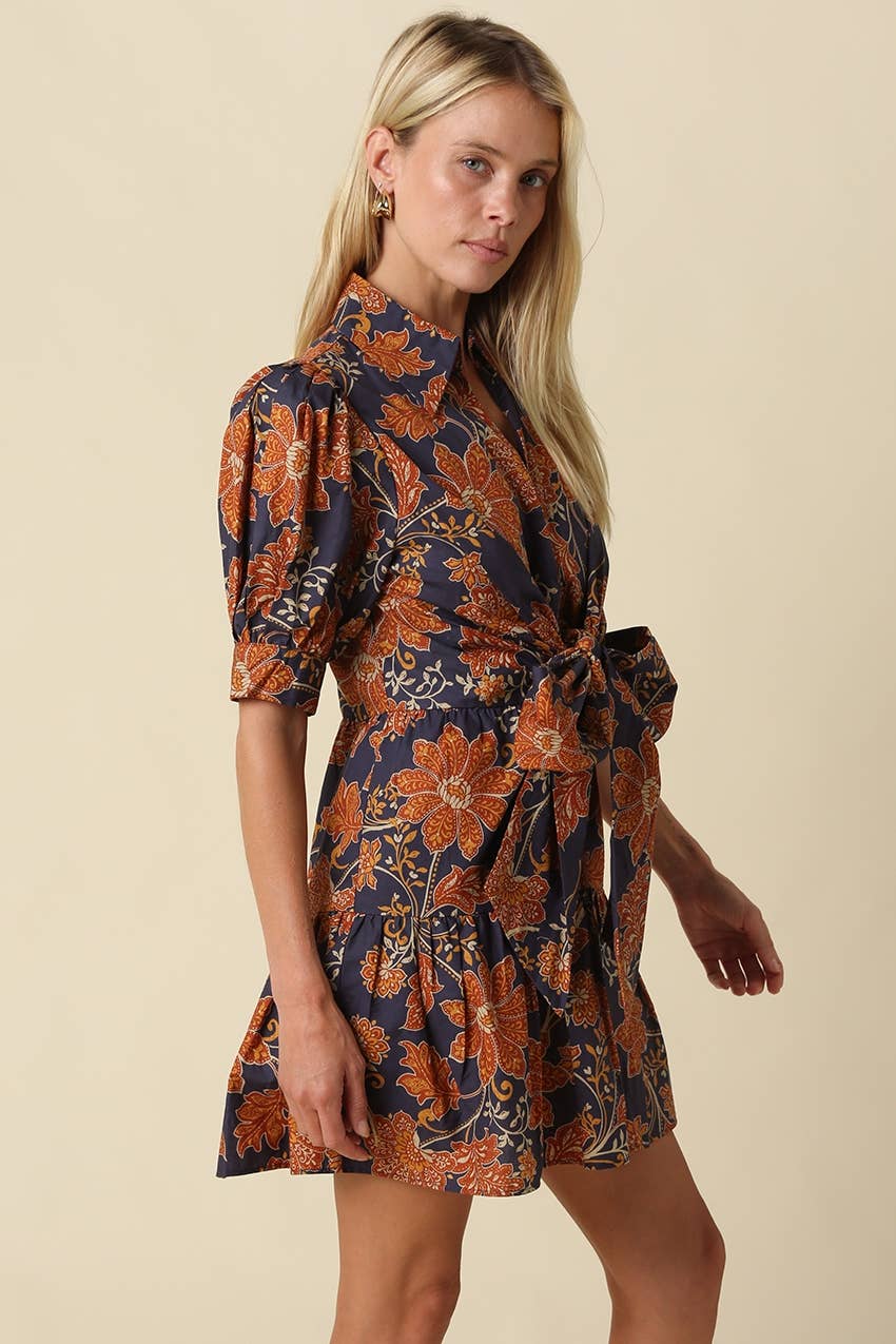Navy & Orange Tie Front Floral Mini Dress showing front tie