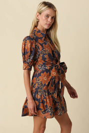 Navy & Orange Tie Front Floral Mini Dress showing front tie