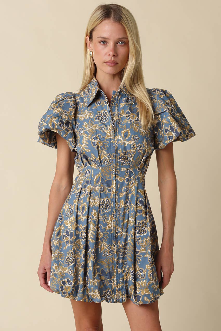 Blue & Gold Floral Mini Dress