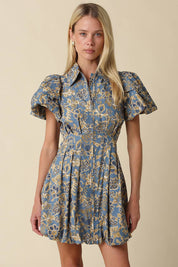 Blue & Gold Floral Mini Dress