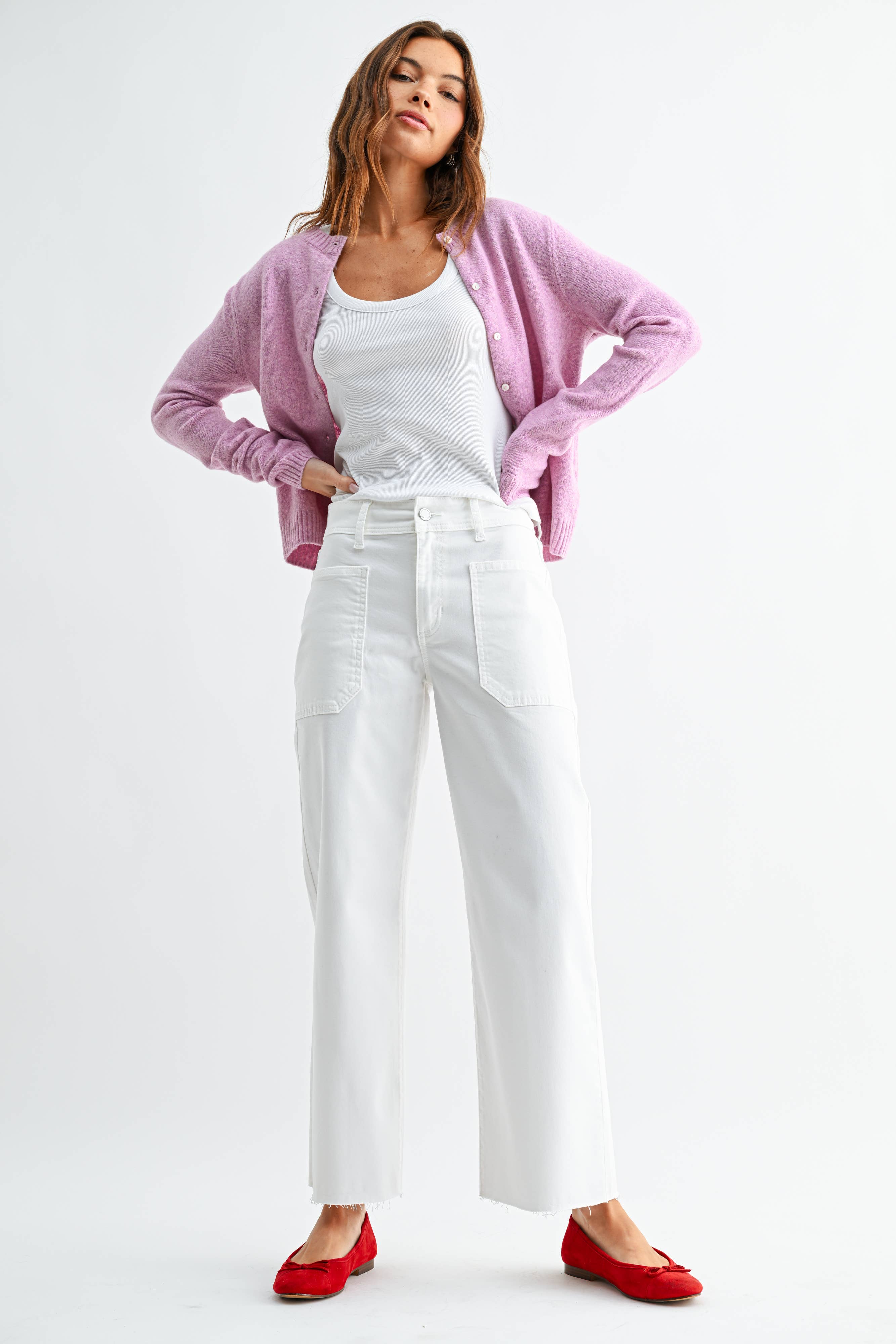 White Stretch Twill Utility Wide Leg