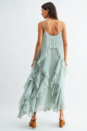 Mint Green Chiffon Maxi Dress with Floral Embroidery