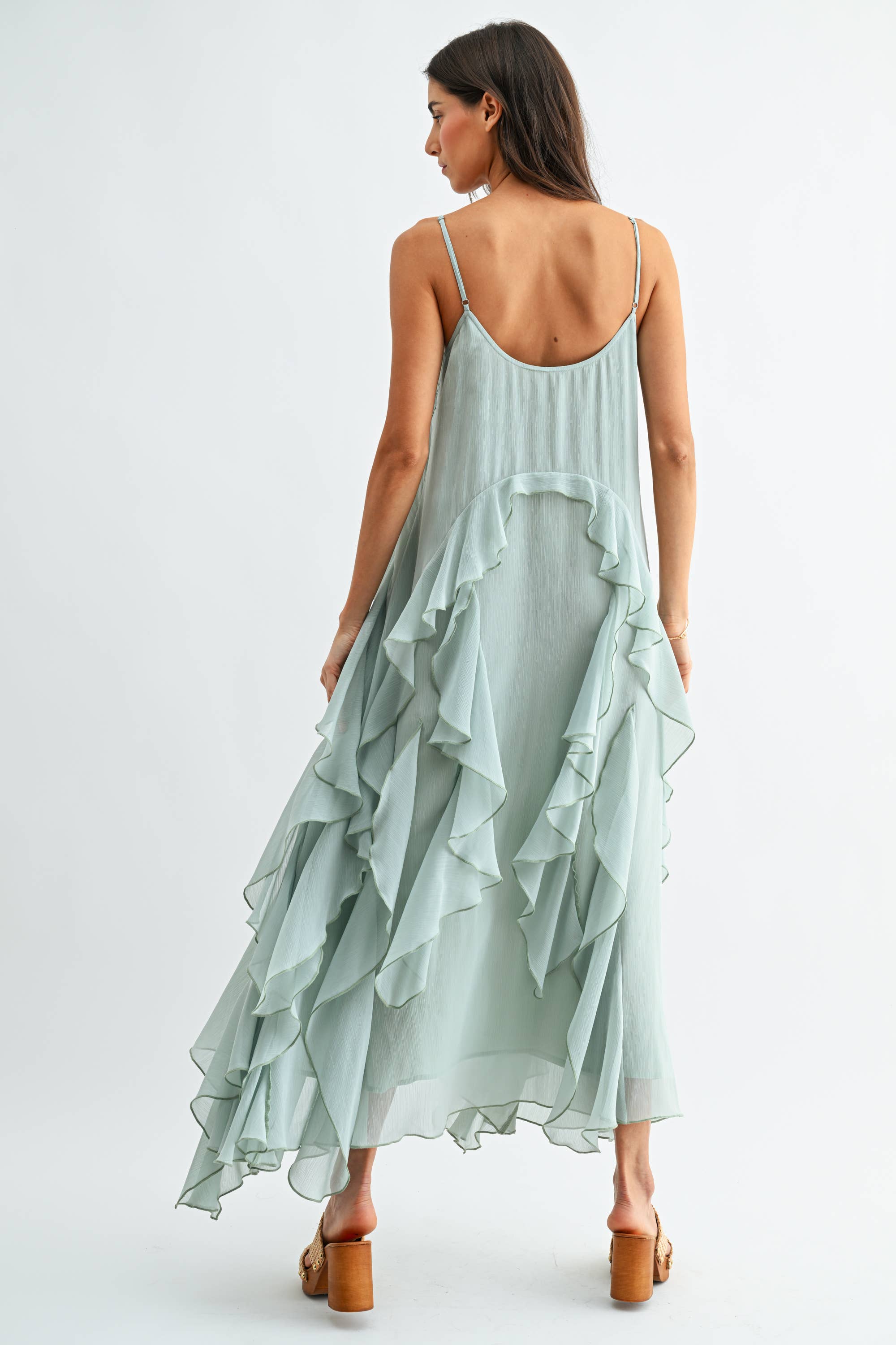 Mint Green Chiffon Maxi Dress with Floral Embroidery