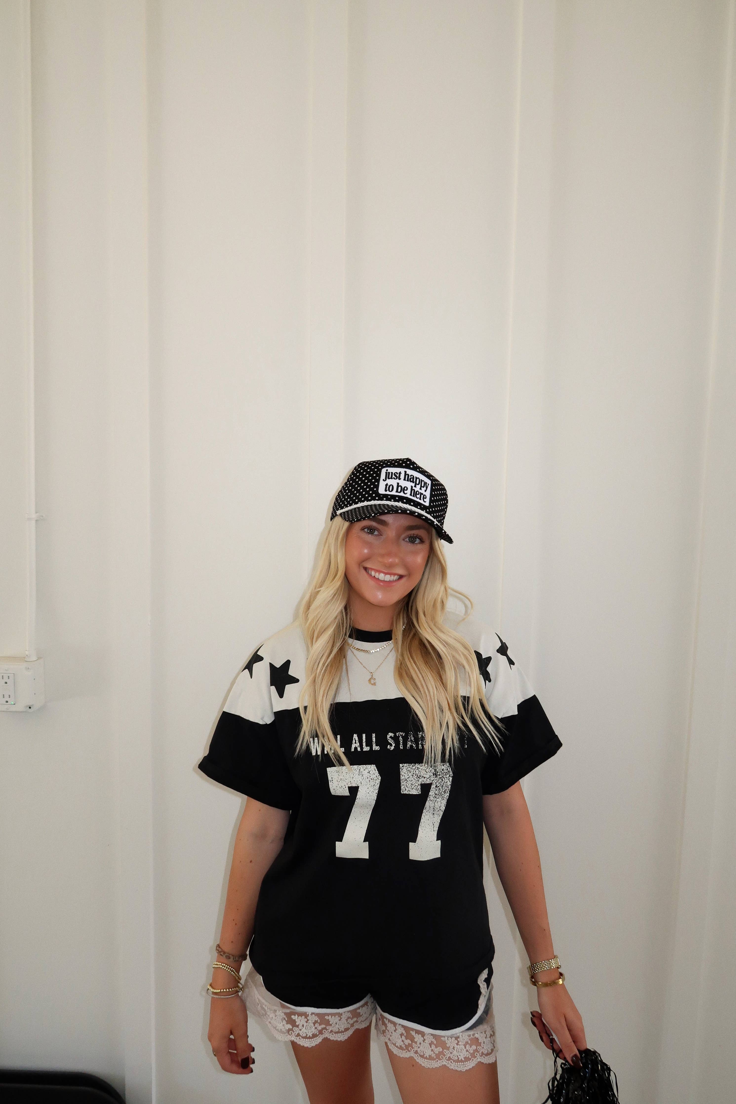 Just Happy To Be Here Polka Dot Patch Hat Game Day Hat showing structured crown with a curved brim