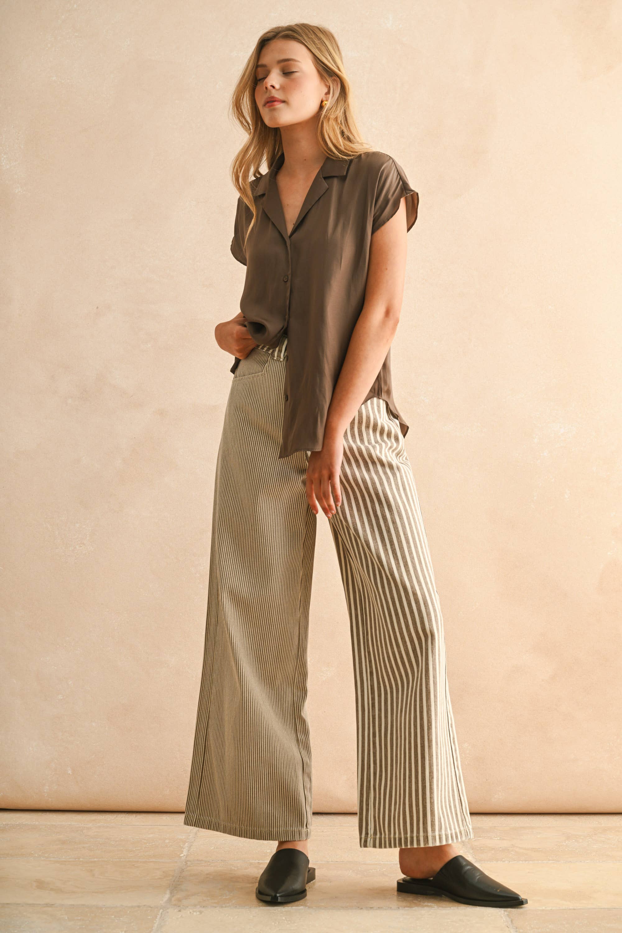 Brown Stripe Fabric Mixed Pants