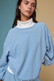 Blue Mockneck Stripe Lounge Set