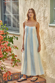 Blue & White Striped Cami Pintuck Midi Dress