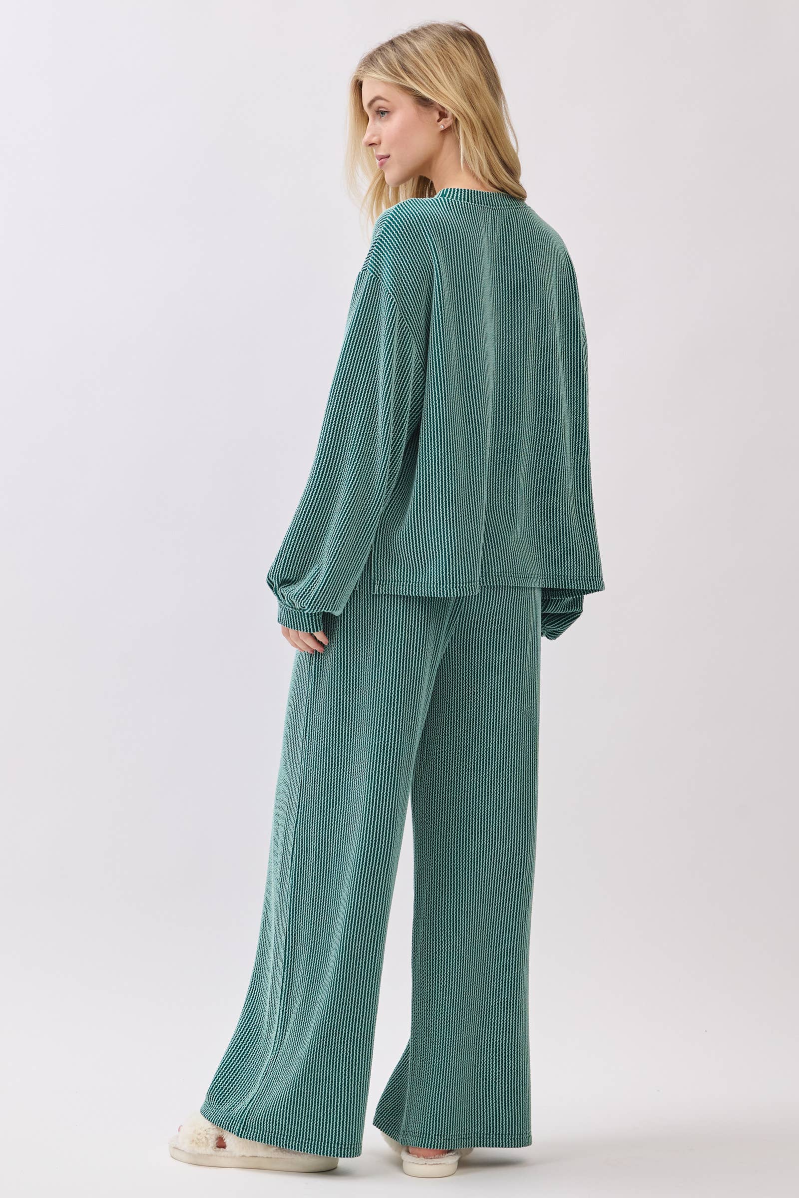 Teal Ribbed Knit Top and Wide Leg Pants Set
