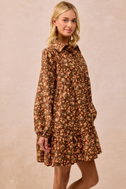 Brown Floral Print Corduroy Dress