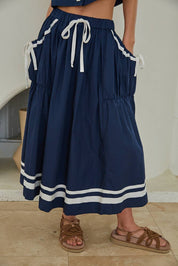 Navy Front Tie Button Down Flare Midi Skirt