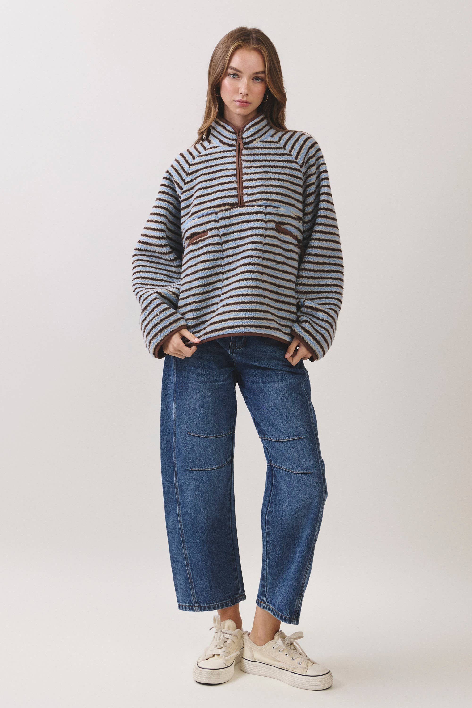 Blue Striped Sherpa Half-Zip Jacket in a oversized