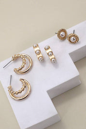 Gold Pearl Hoop Trio Earrings