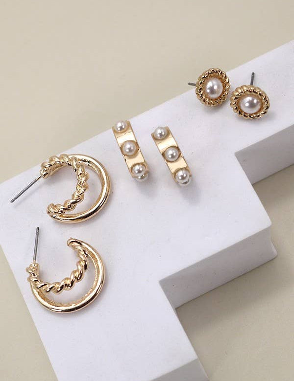 Gold Pearl Hoop Trio Earrings showing length: .75", .5", .35"
