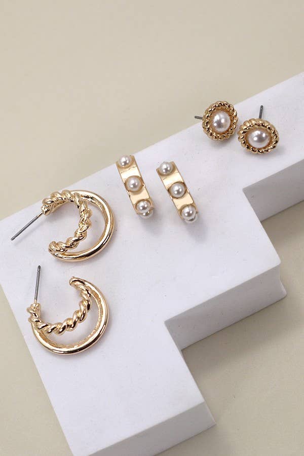 Gold Pearl Hoop Trio Earrings
