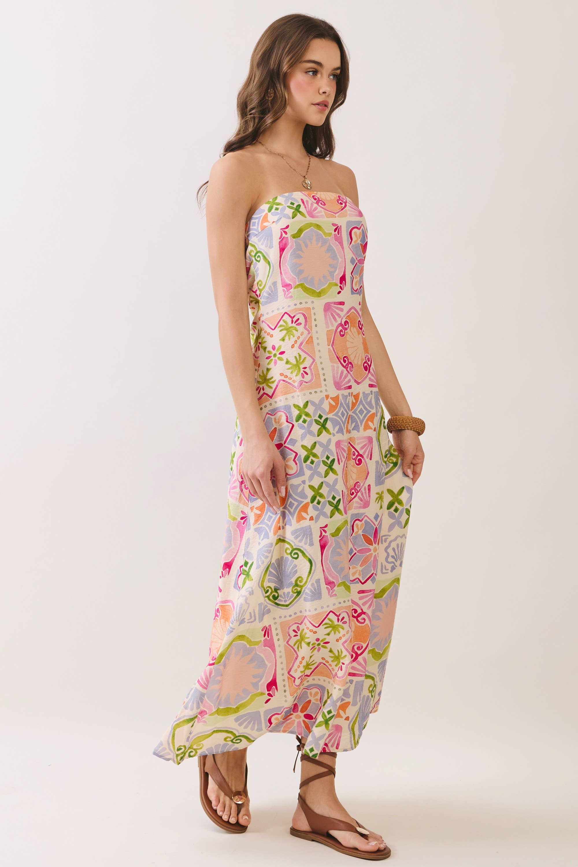 Tile Print Strapless Maxi Dress