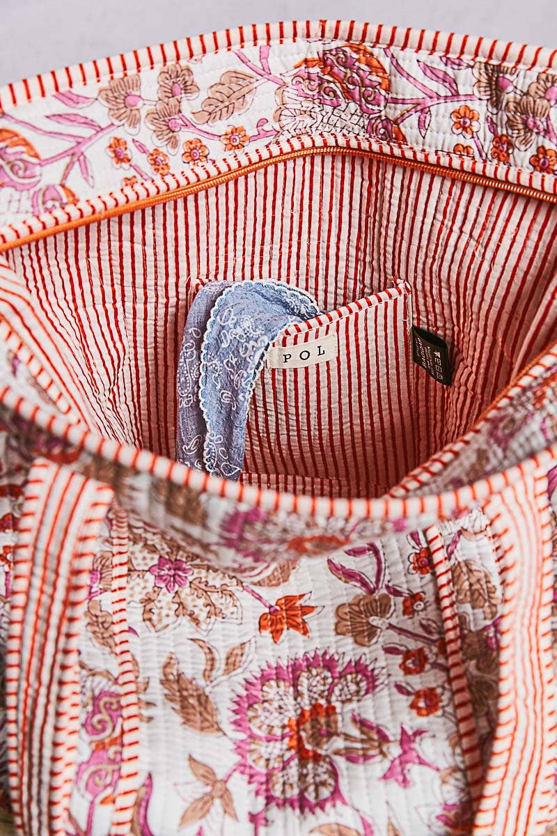 Cream Quilted Floral Tote Bag