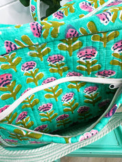 Aqua Floral Handmade Quilted Duffle Bag