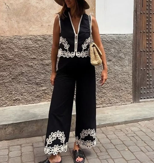 Black/White Embroidered Pant Set