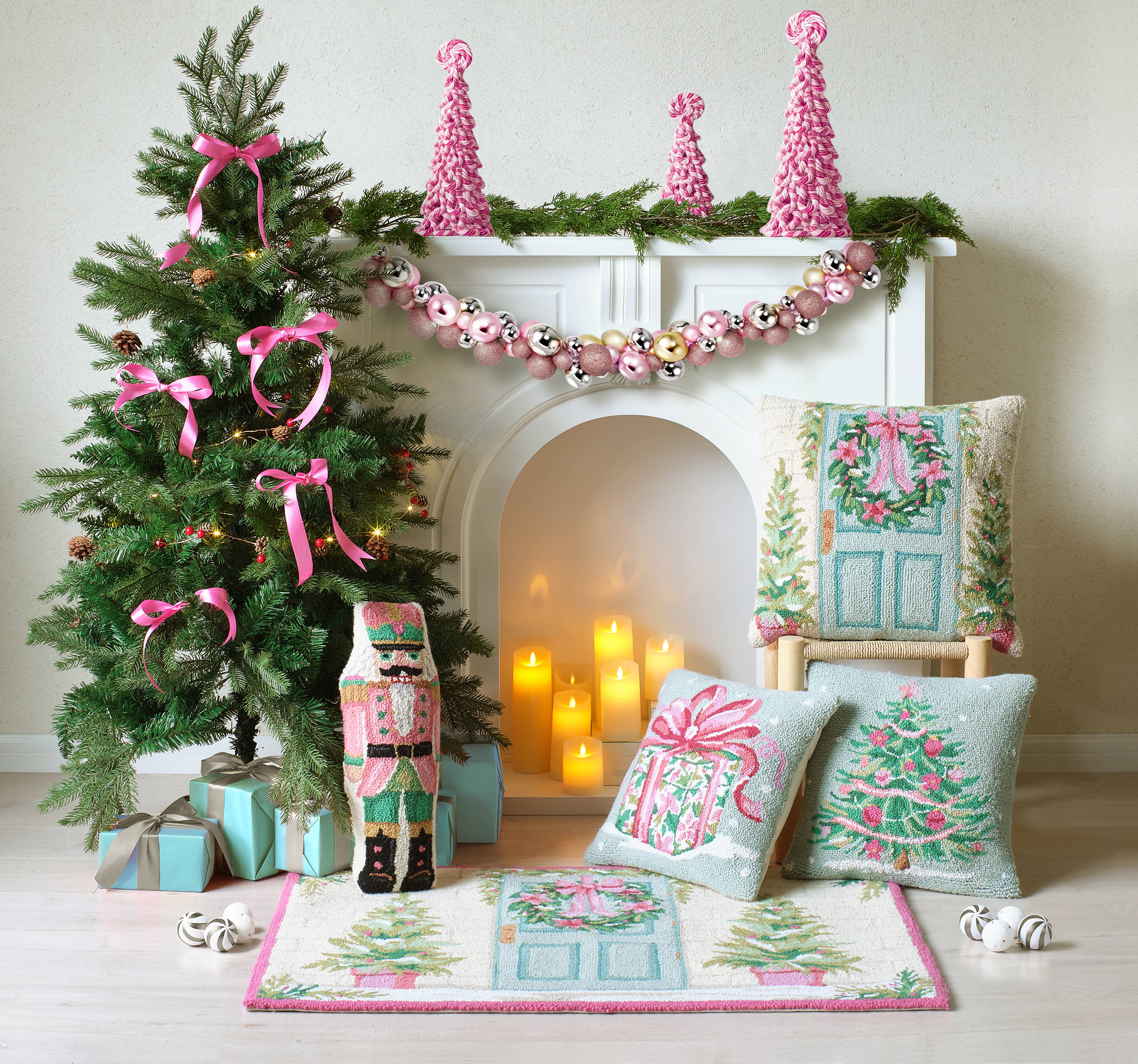 Light Blue Pink & Green Christmas Tree Hook Pillow