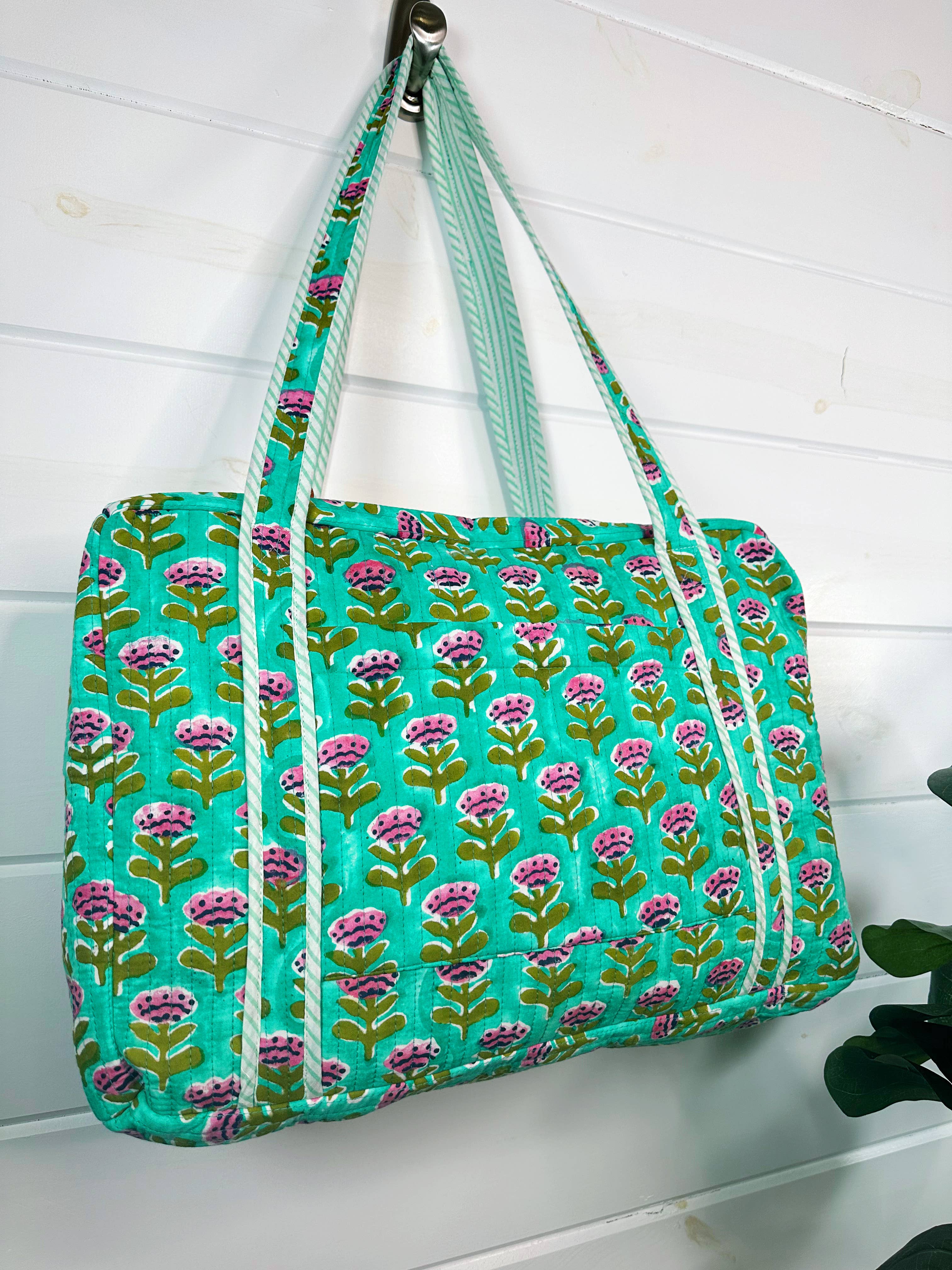 Aqua Floral Handmade Quilted Duffle Bag