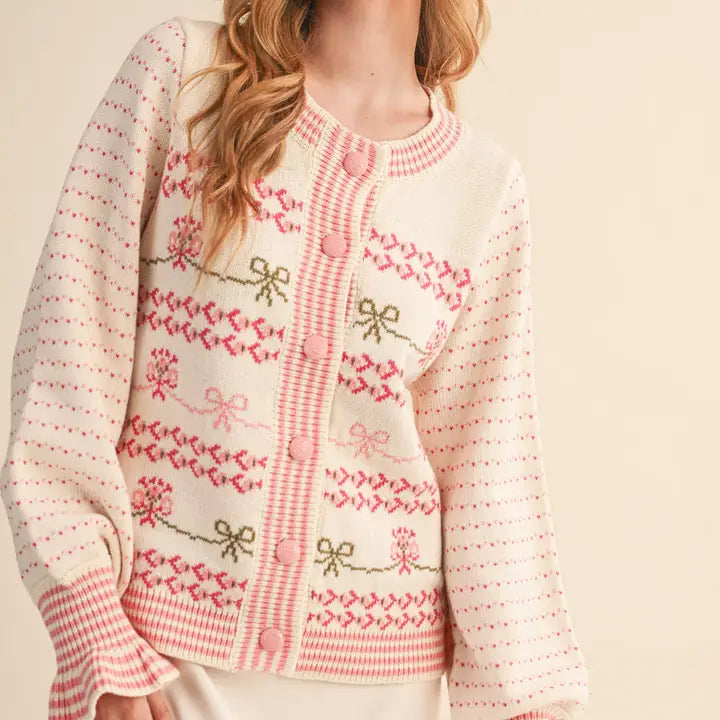Pink Floral Ruffle Sleeve Sweater Cardigan