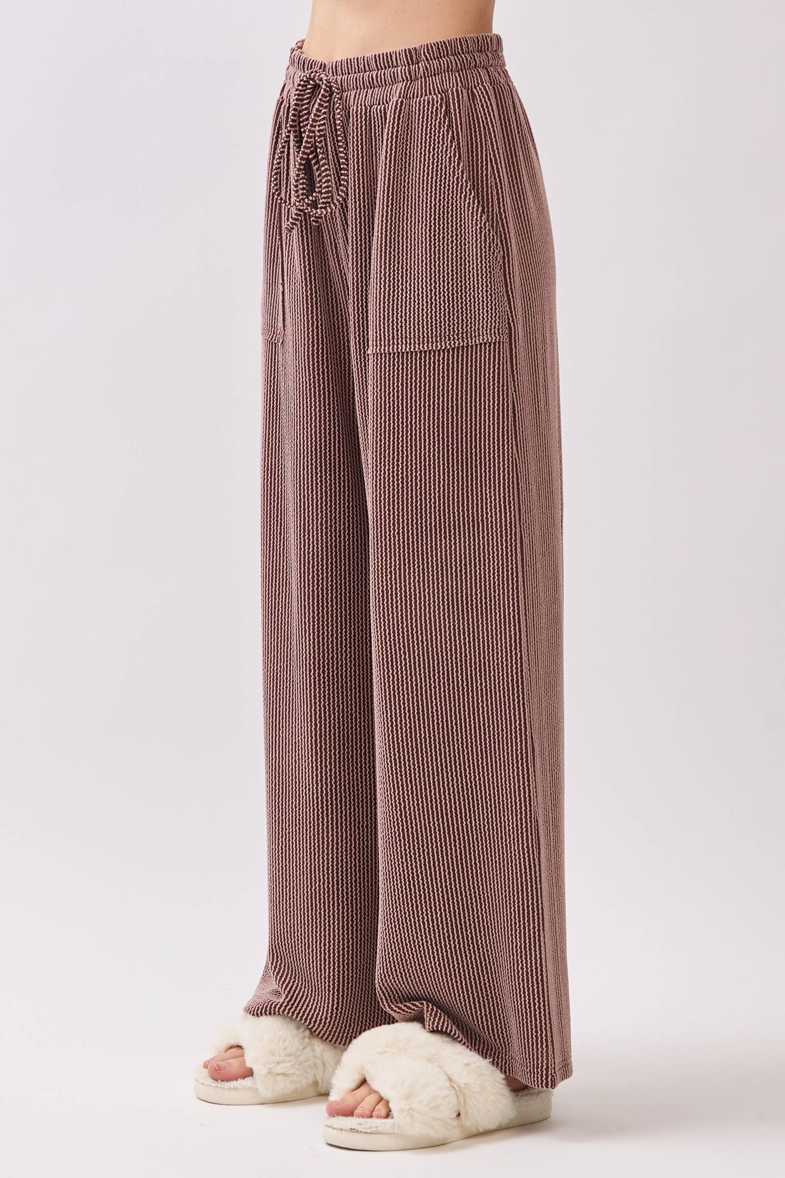 Brown Ribbed Knit Top and Wide Leg Pants Set