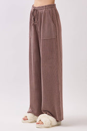 Brown Ribbed Knit Top and Wide Leg Pants Set