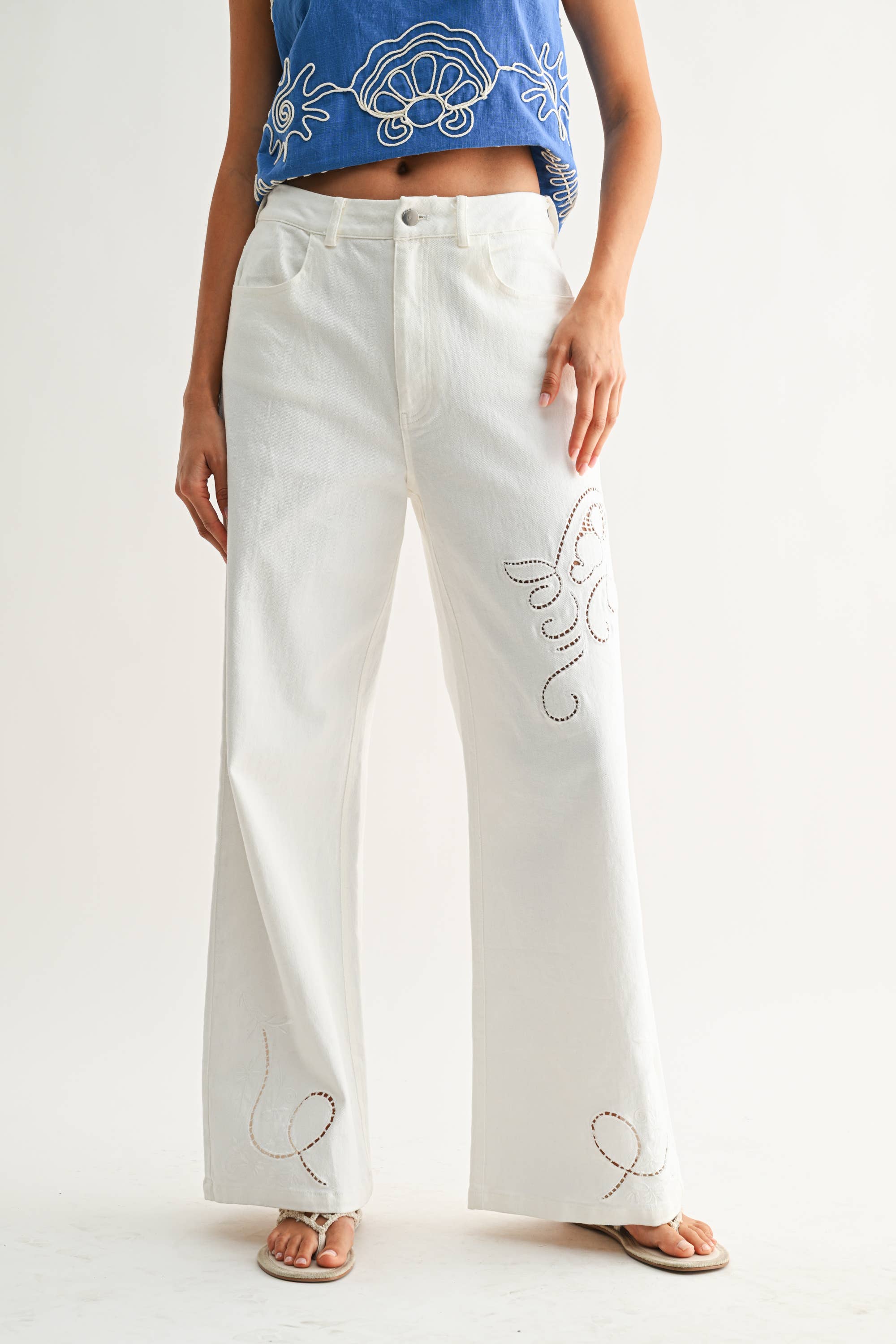 White Wide-Leg Trousers w/ Cutout
