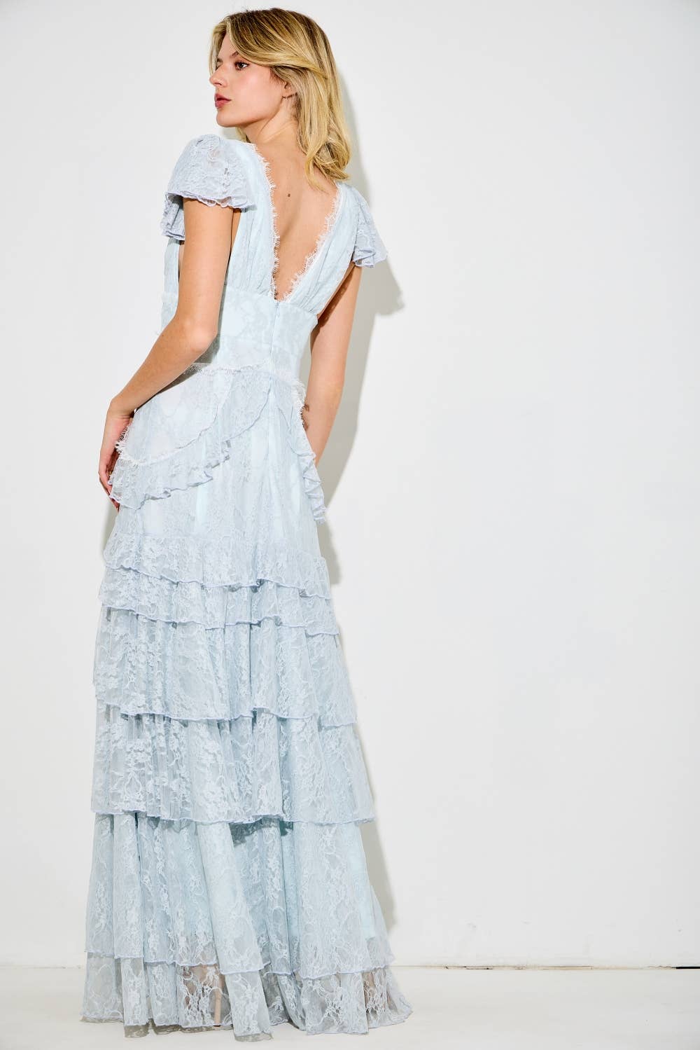 Blue Lace Ruffle Maxi Dress