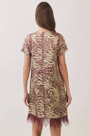 Red Feather Trim Printed Shift Dress