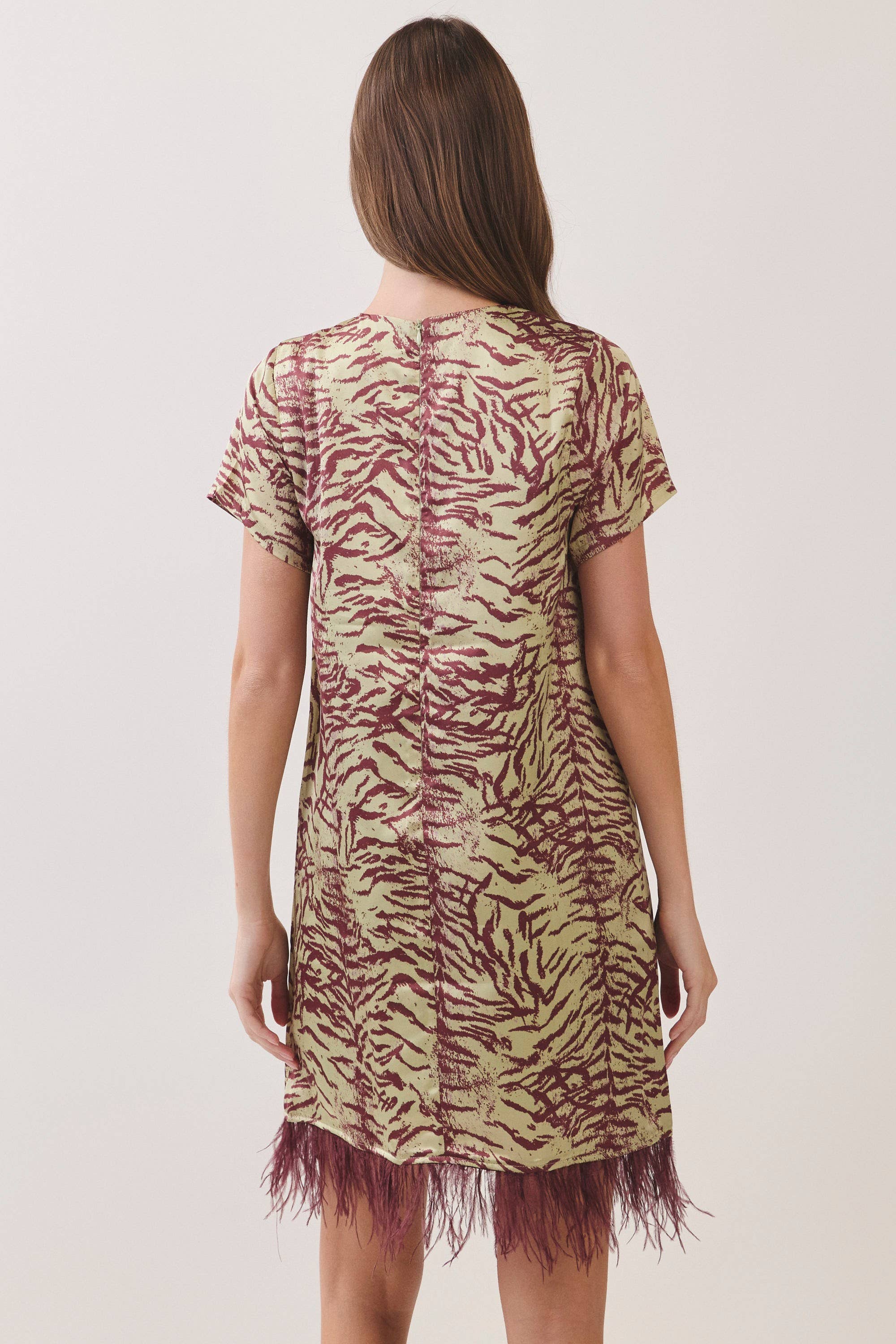 Red Feather Trim Printed Shift Dress