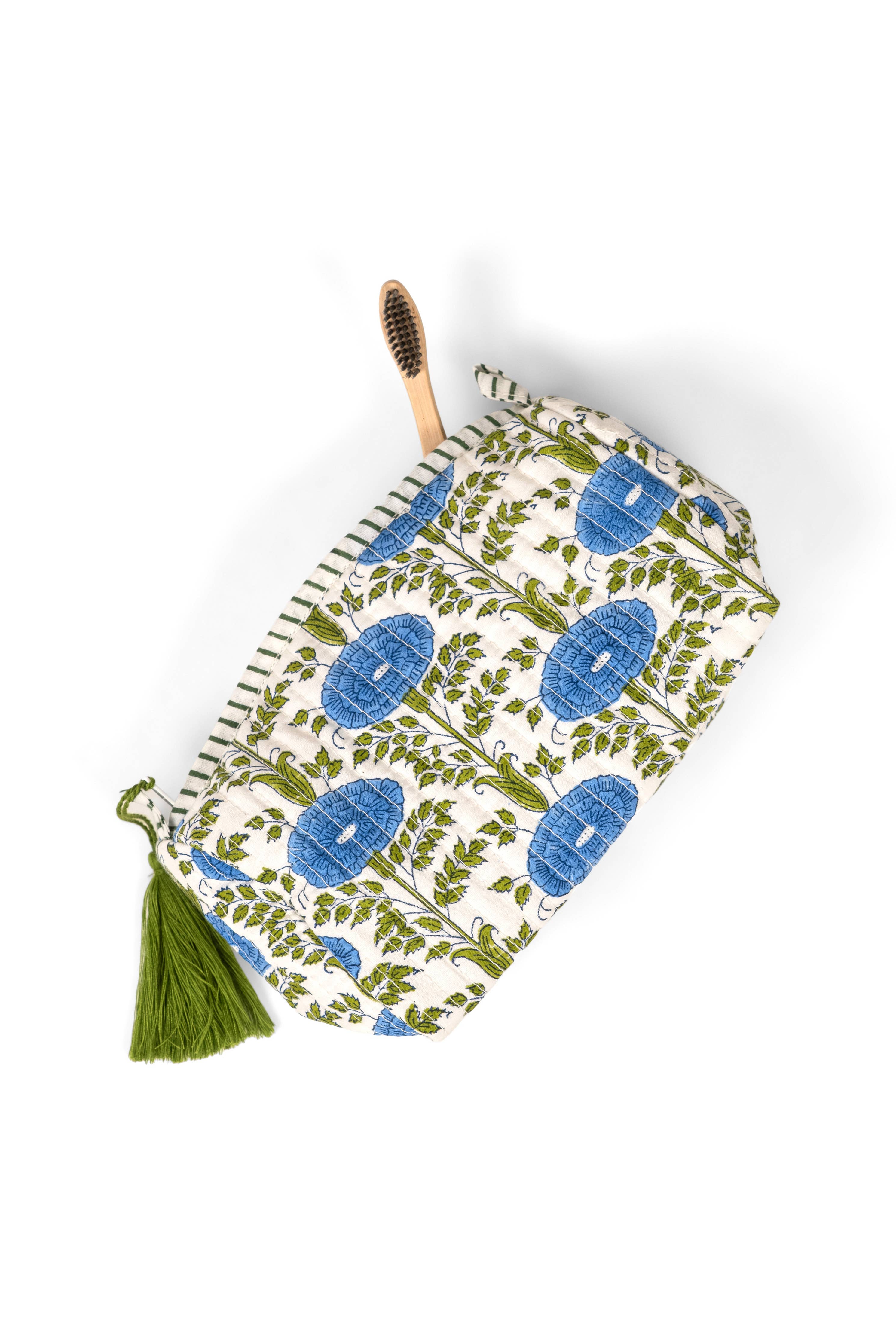 Green Floral Makeup Bag showing four internal pockets