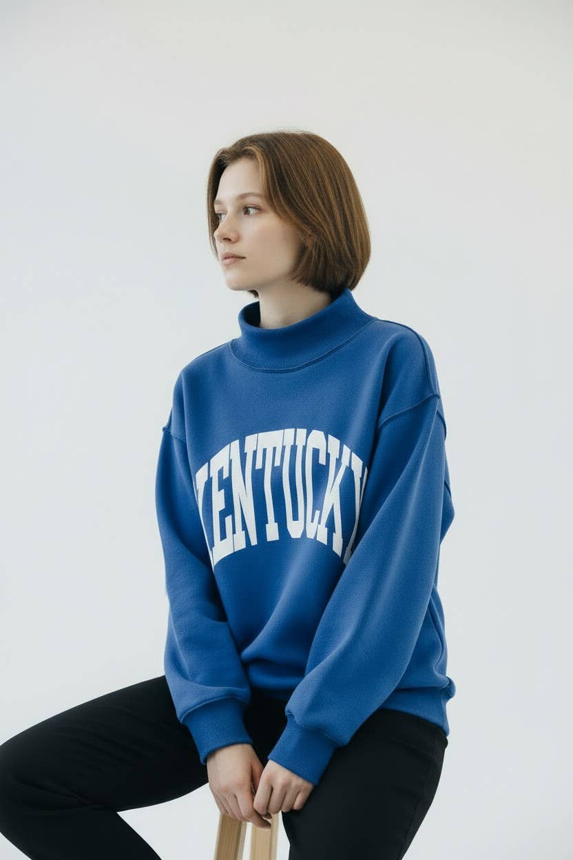 Blue Kentucky Reversible Mockneck showing mockneck