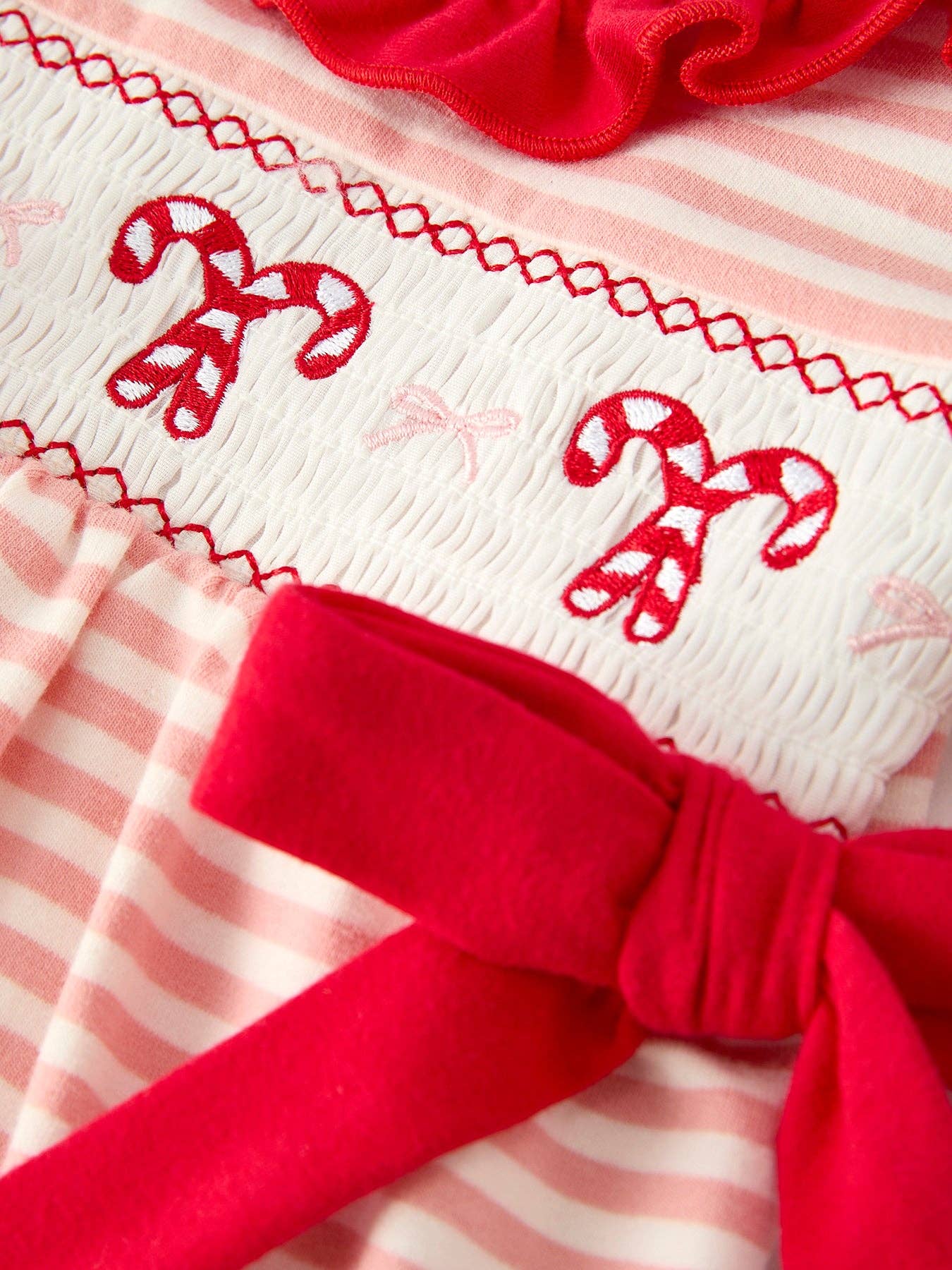 Christmas Candy Cane Smocking Embroidery Striped Baby Girls Romper